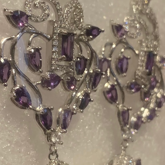 White shell pearl drop, amethyst, and white zircon drop earrings - Picture 3 of 4